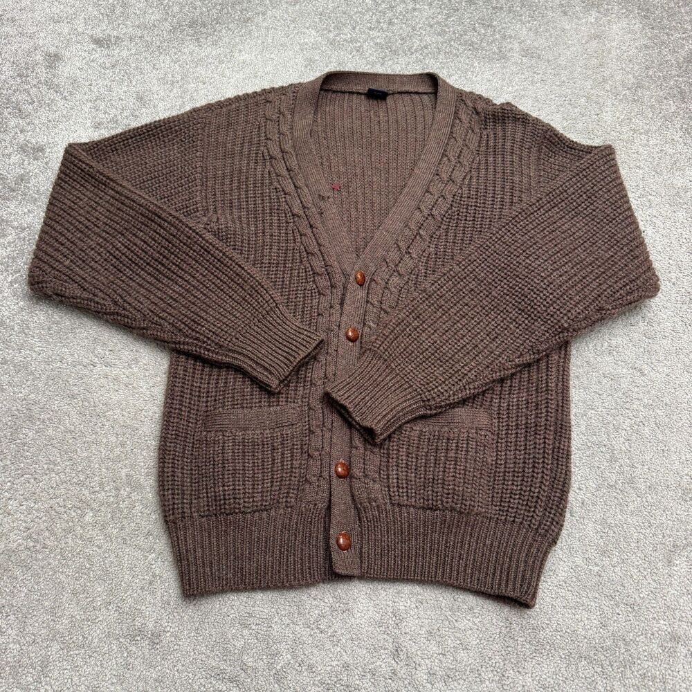 Vintage 80s Gant Worsted Wool Knit Cardigan Sweater Mens Large Brown Cable Knit